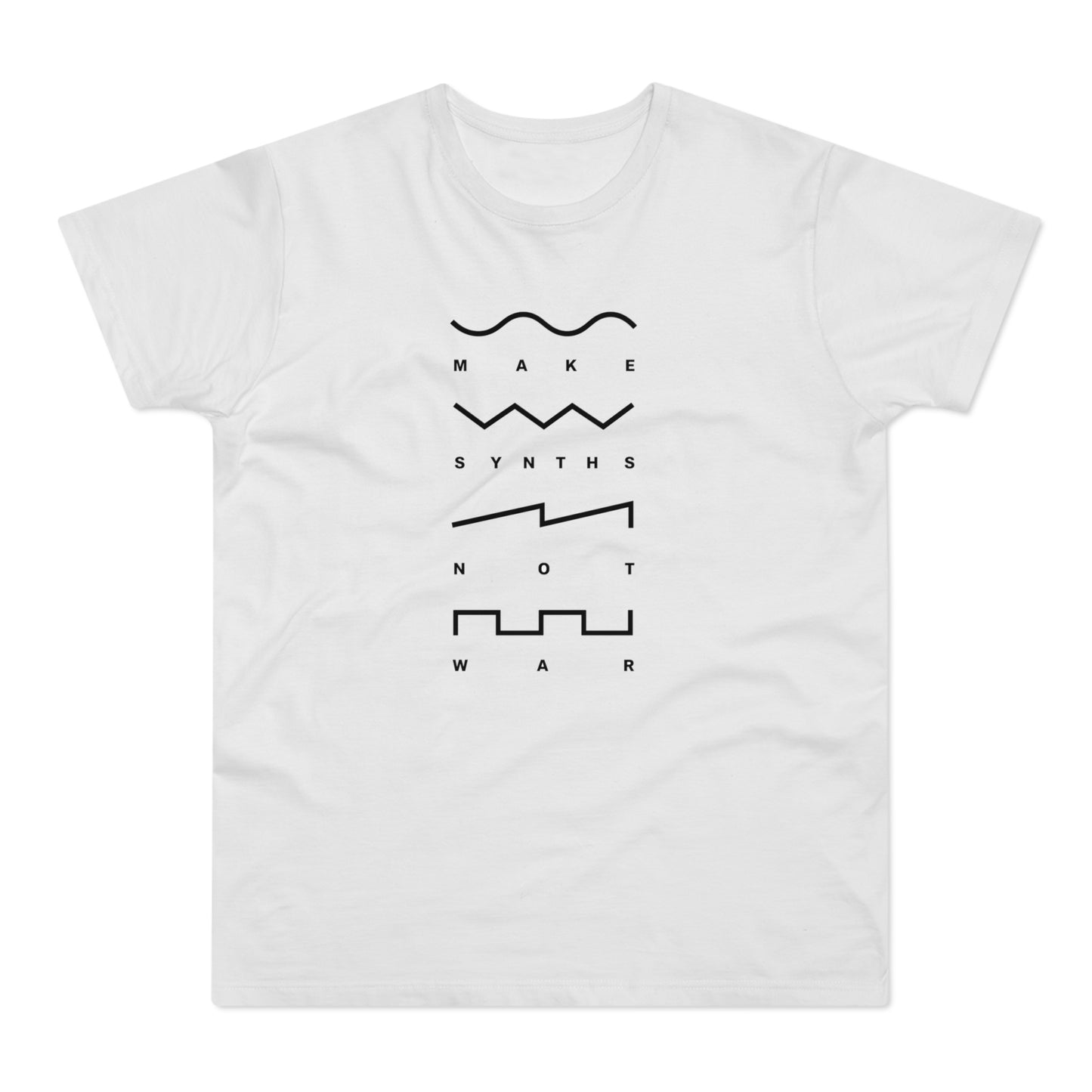 White t-shirt with "MAKE SYNTHS NOT WAR" and waveform graphics.