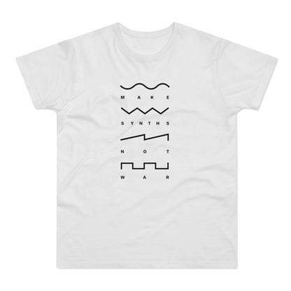 White t-shirt with "MAKE SYNTHS NOT WAR" and waveform graphics.