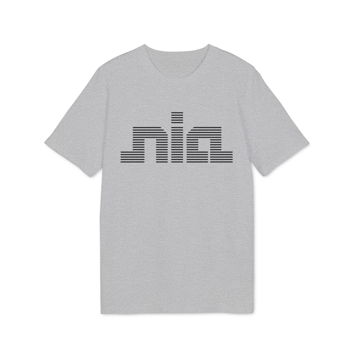 A light gray crewneck t-shirt featuring the word nia in stylized black horizontal stripes.