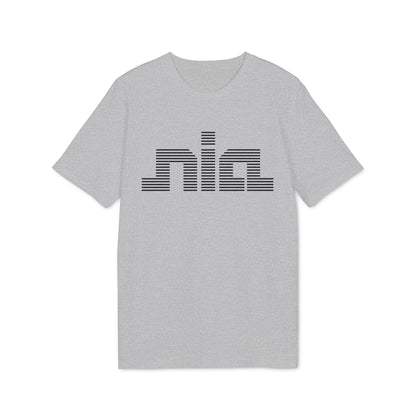 A light gray crewneck t-shirt featuring the word nia in stylized black horizontal stripes.
