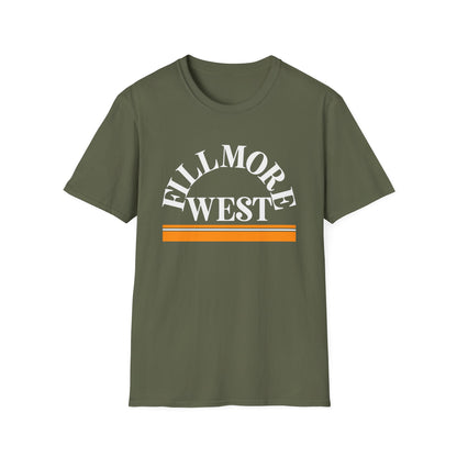 Olive green t-shirt with white text "FILLMORE WEST" and orange stripes.