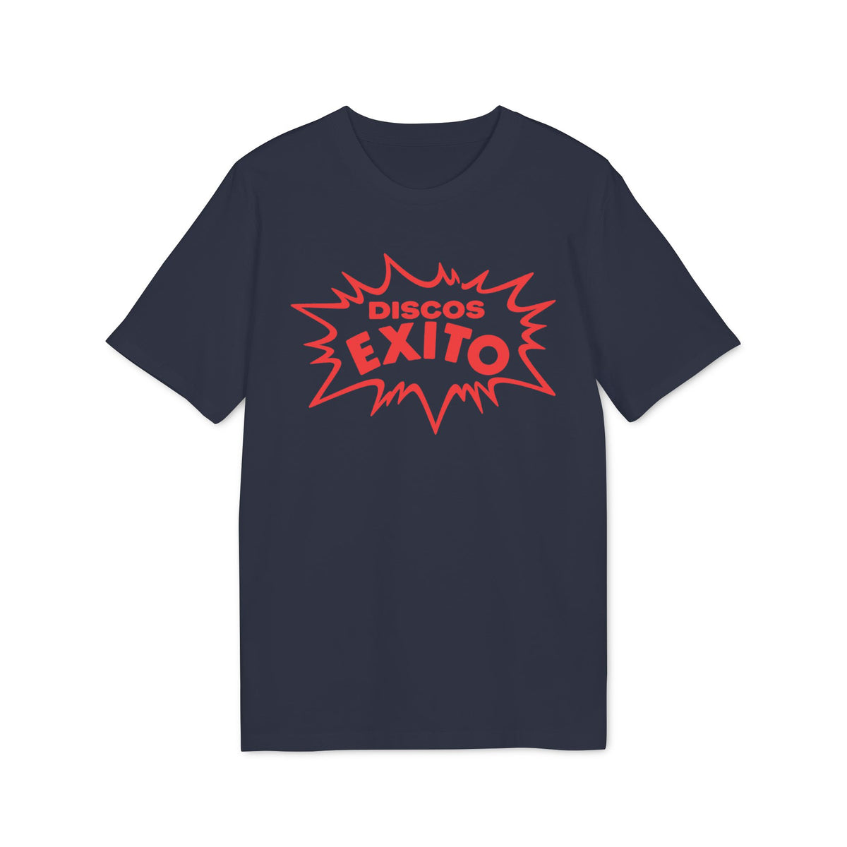 A dark blue short-sleeved t-shirt featuring a red graphic with the text Discos Exito in a comic-style burst.
