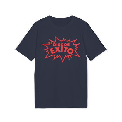 A dark blue short-sleeved t-shirt featuring a red graphic with the text Discos Exito in a comic-style burst.