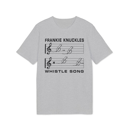 Grey t-shirt with "FRANKIE KNUCKLES WHISTLE SONG" and musical notes.