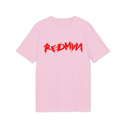 Pink t-shirt with red distressed "REDMYTH" graphic on the front.