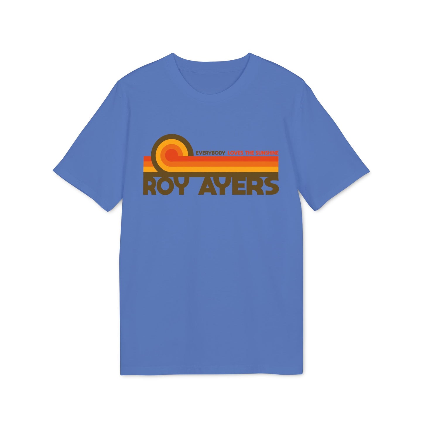 Blue t-shirt with "ROY AYERS" and "EVERYBODY LOVES THE SUNSHINE" text graphic.