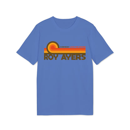 Blue t-shirt with "ROY AYERS" and "EVERYBODY LOVES THE SUNSHINE" text graphic.