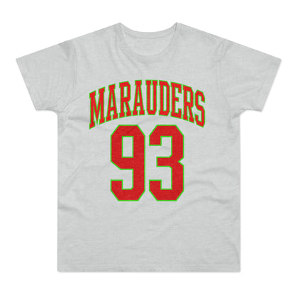 Light grey t-shirt with "MARAUDERS 93" in red with green outline.