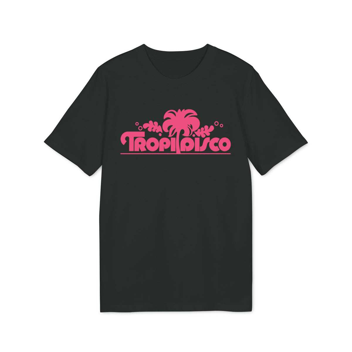 Black short-sleeved t-shirt featuring a pink graphic of a palm tree and the text Tropi Disco.