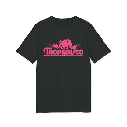 Black short-sleeved t-shirt featuring a pink graphic of a palm tree and the text Tropi Disco.