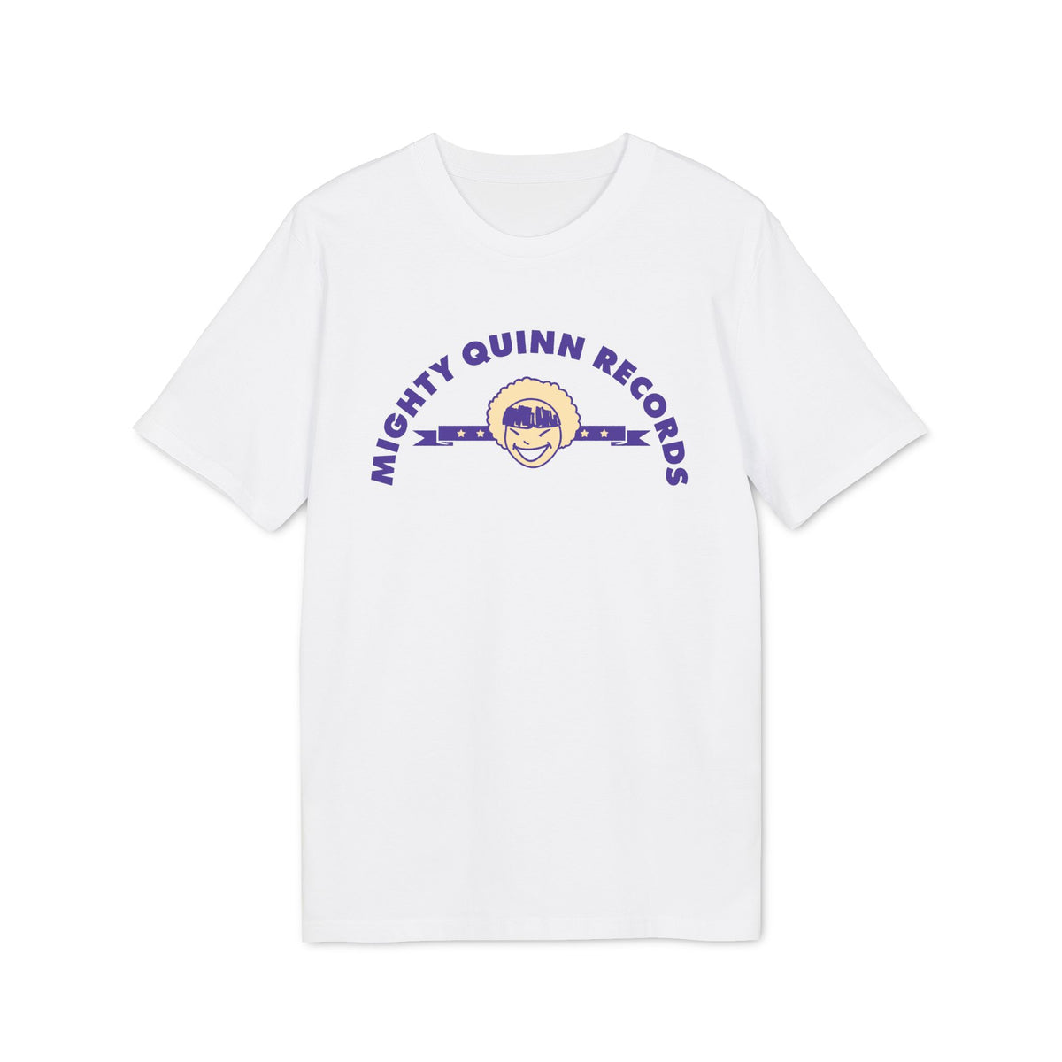 A white short-sleeved t-shirt featuring the purple and yellow logo Mighty Quinn Records centered on the chest.