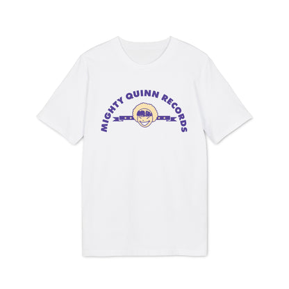A white short-sleeved t-shirt featuring the purple and yellow logo Mighty Quinn Records centered on the chest.