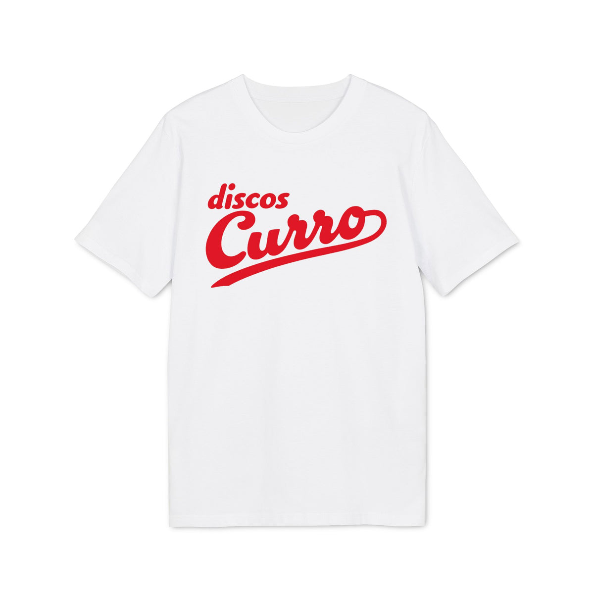 White short-sleeved t-shirt featuring the red text discos Curro printed centrally on the chest.