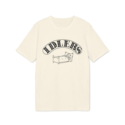 Off-white crewneck t-shirt featuring a black graphic of a person in bed beneath curved text reading IDLERS.