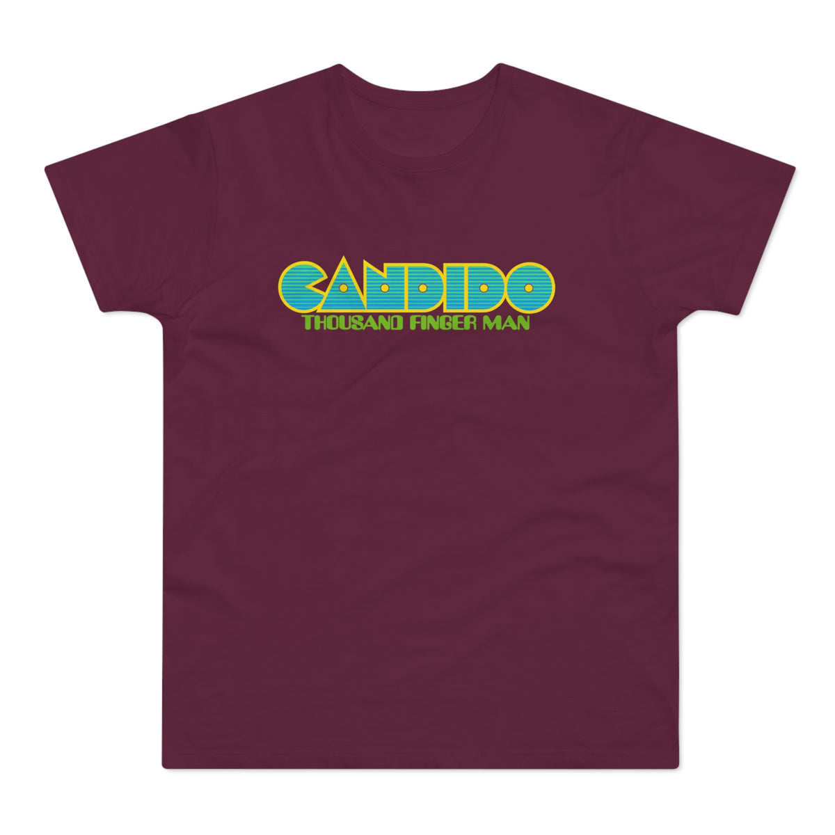 Maroon t-shirt with "CANDIDO THOUSAND FINGER MAN" text in yellow and blue.