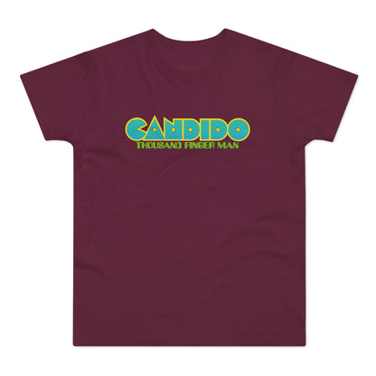 Maroon t-shirt with "CANDIDO THOUSAND FINGER MAN" text in yellow and blue.