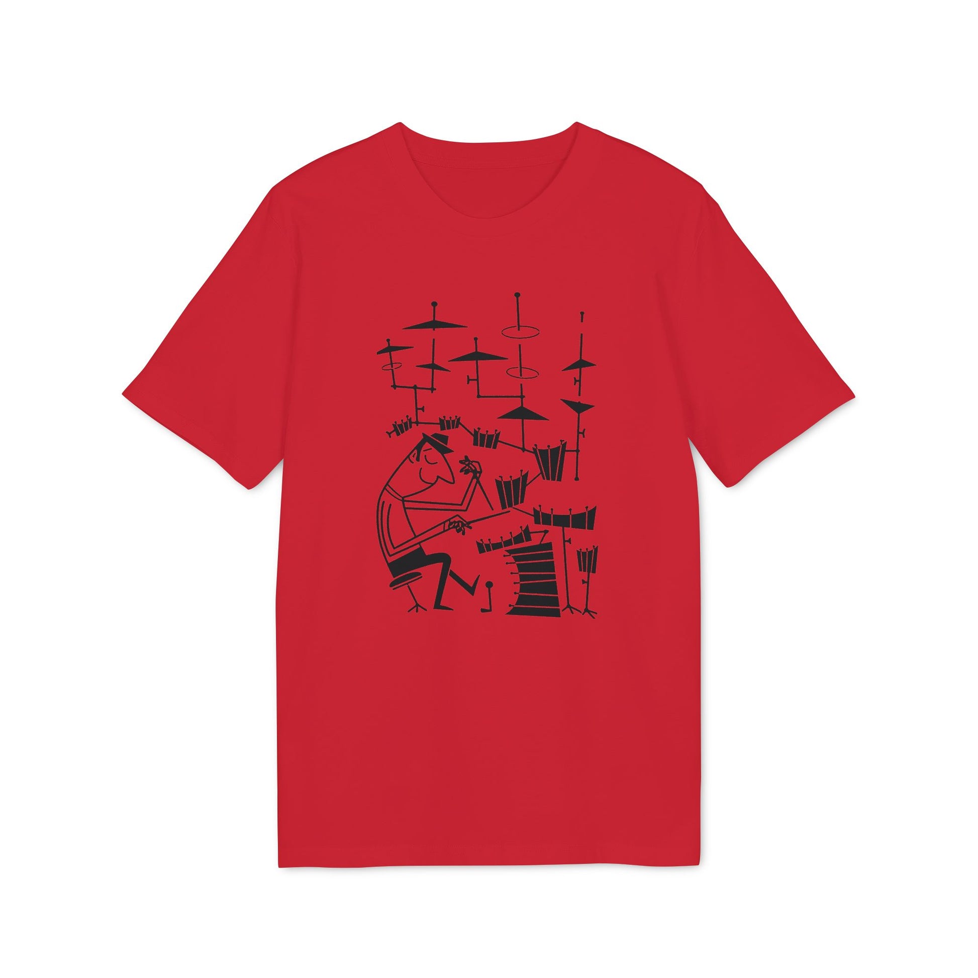 Line art of a stylized person playing drums on a red t-shirt.