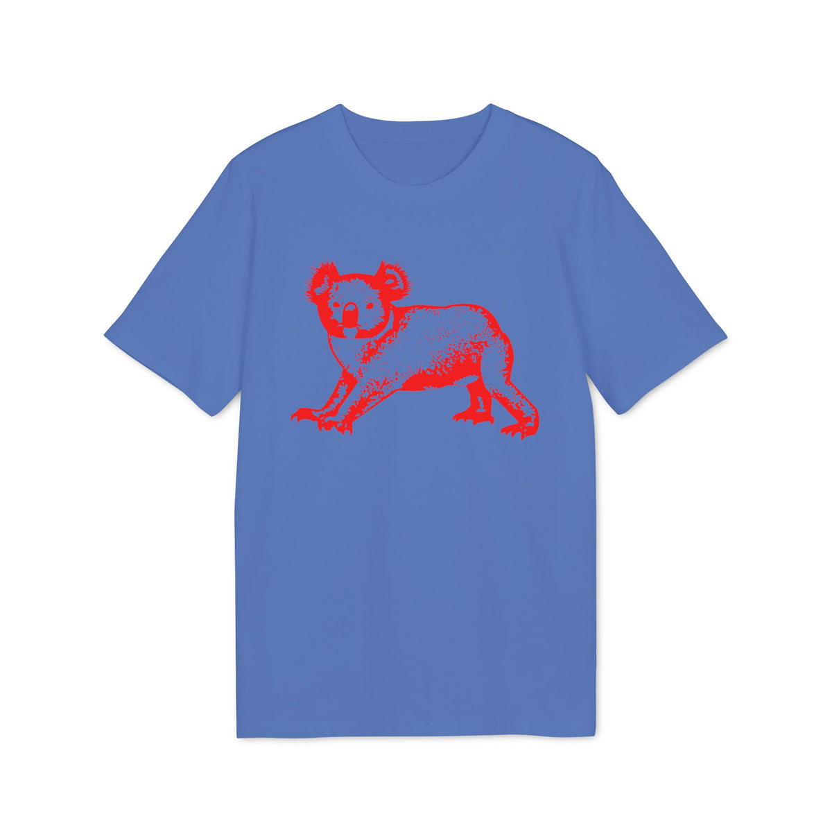 A blue short-sleeve t-shirt features a red graphic of a koala on the front chest.