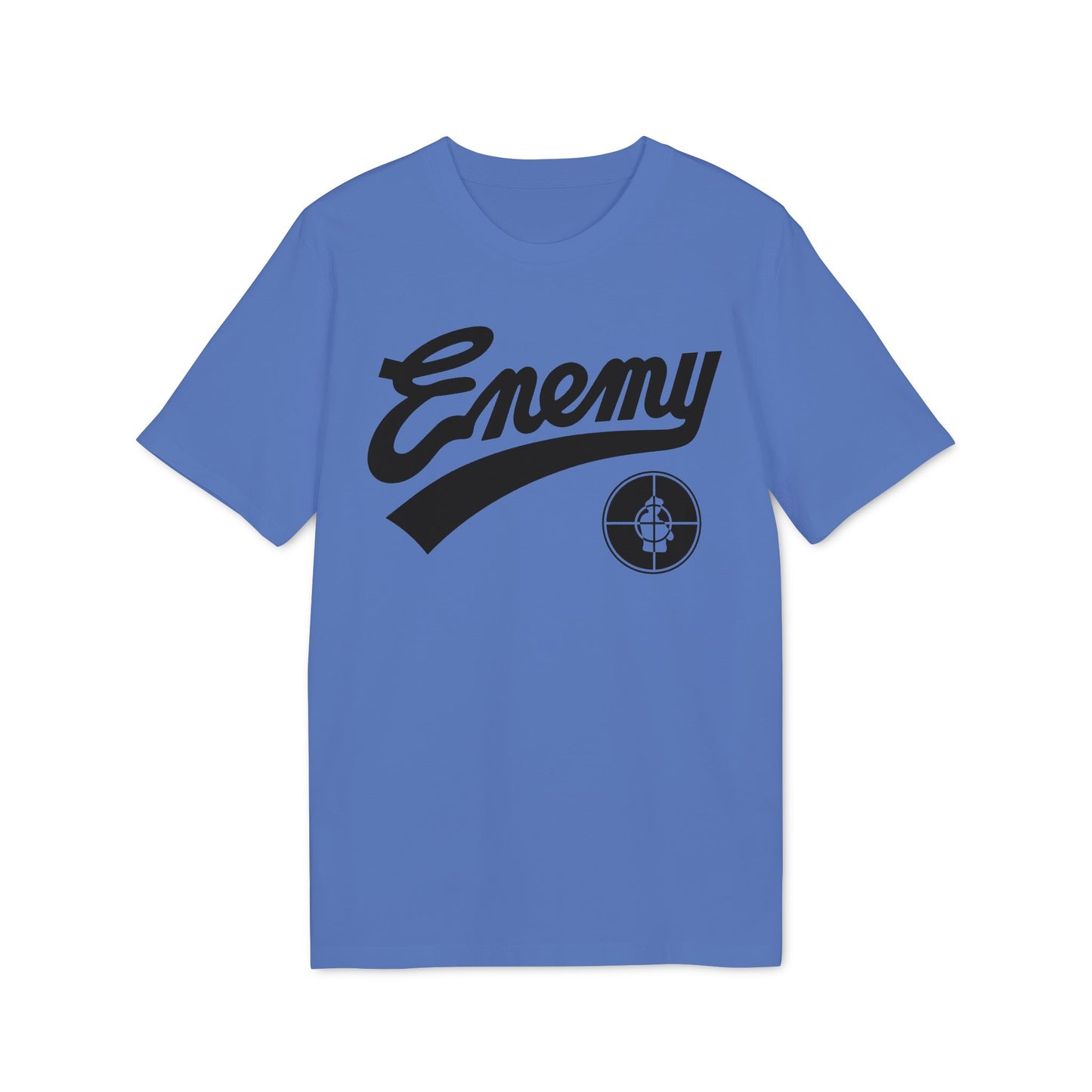 Blue t-shirt with black "Enemy" script and target logo.