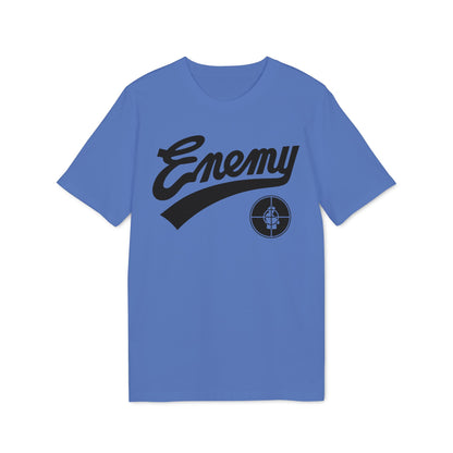 Blue t-shirt with black "Enemy" script and target logo.