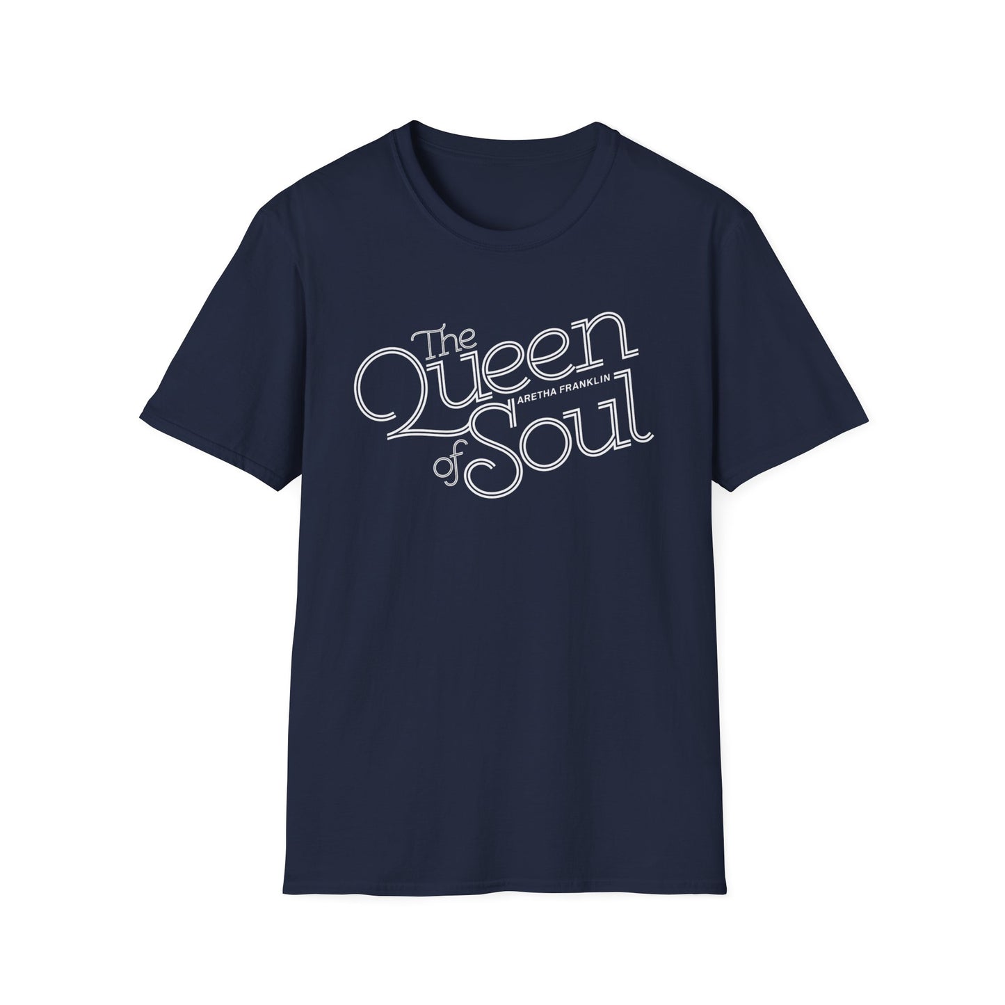 Navy t-shirt with "The Queen of Soul" and "Aretha Franklin" text.