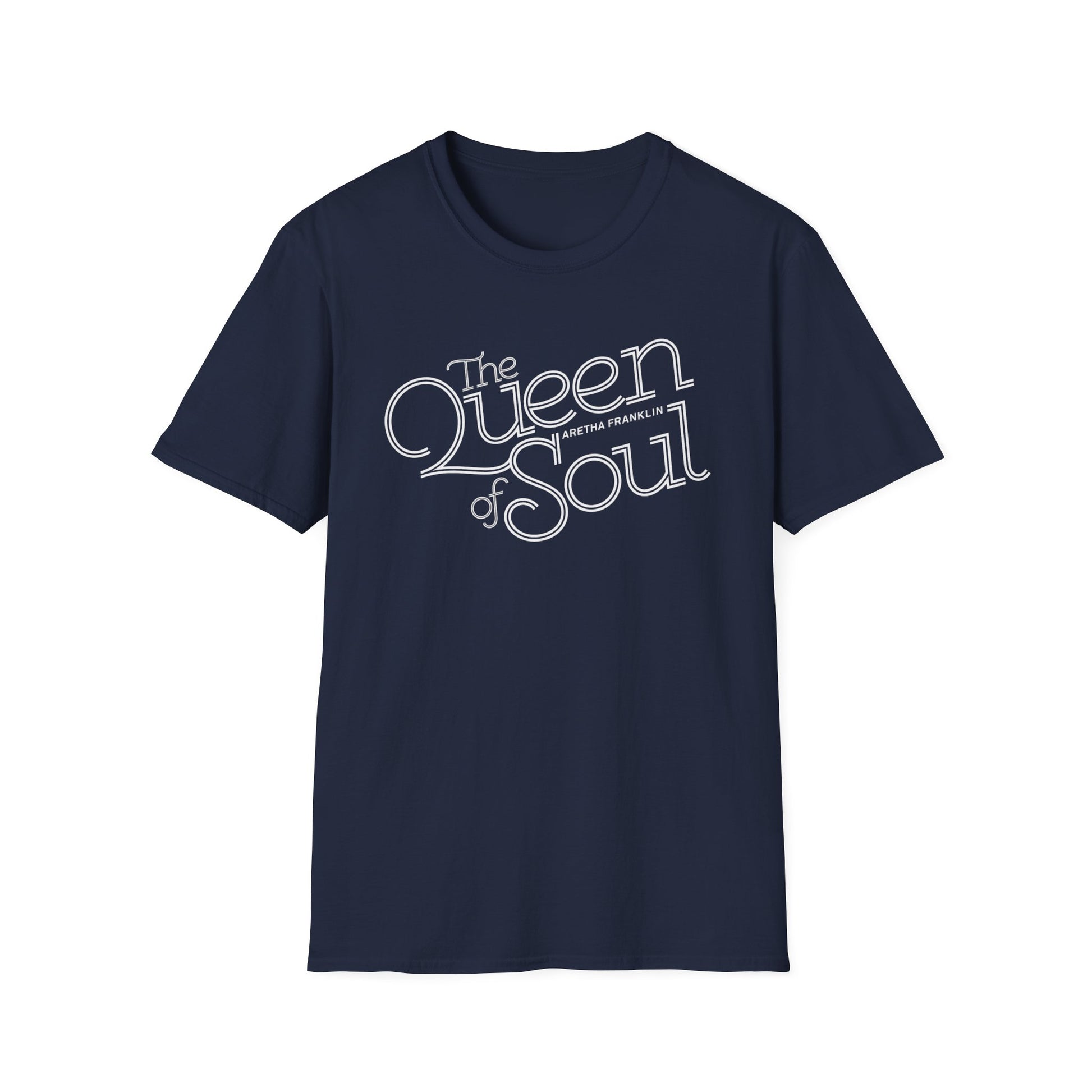 Navy t-shirt with "The Queen of Soul" and "Aretha Franklin" text.
