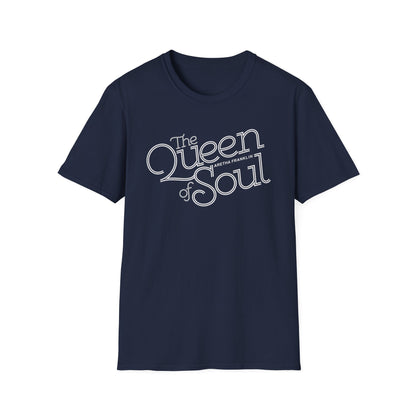 Navy t-shirt with "The Queen of Soul" and "Aretha Franklin" text.