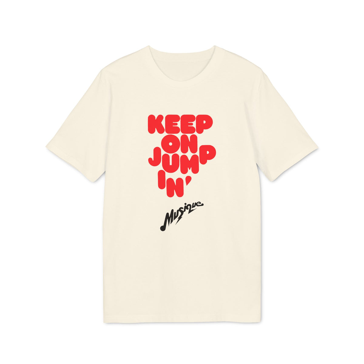 Off-white t-shirt with red block lettering reading "KEEP ON JUMPIN'" and a black script logo below.