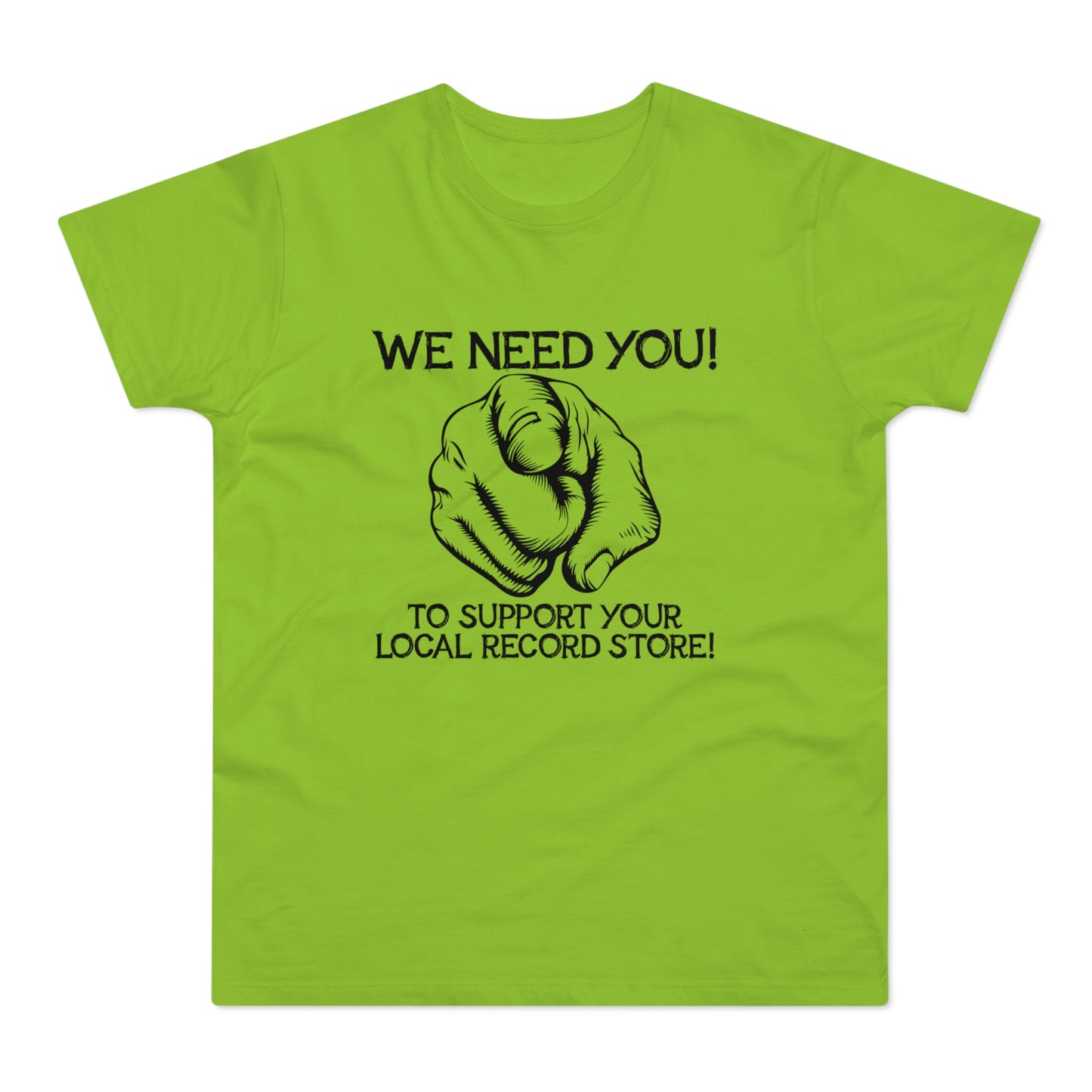 Lime green t-shirt with black text and pointing finger graphic.