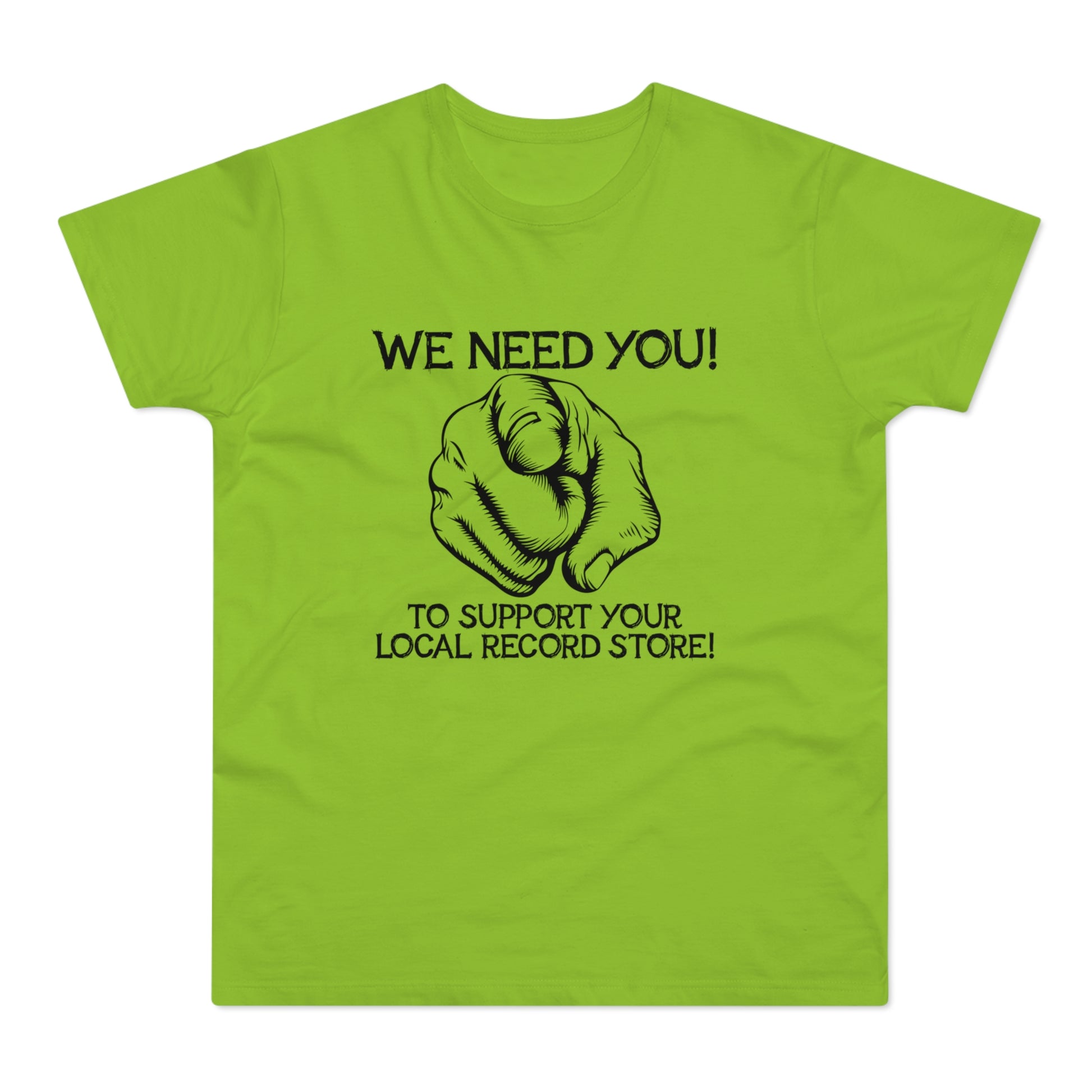 Lime green t-shirt with black text and pointing finger graphic.