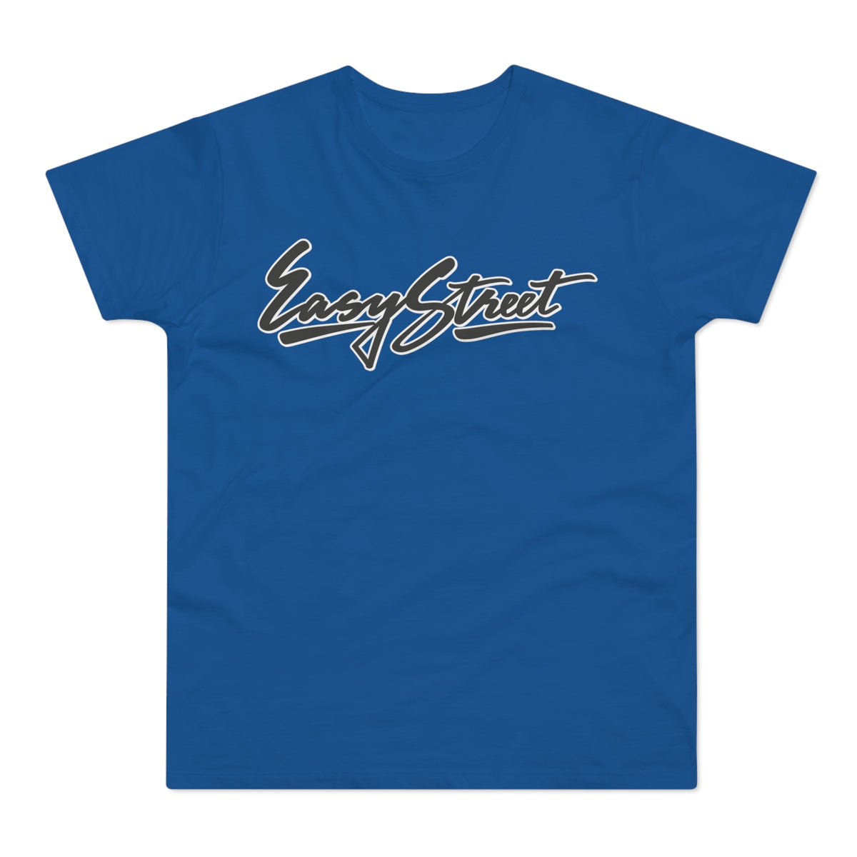 A blue short-sleeve t-shirt with the text Easy Street printed in stylized white font across the chest.