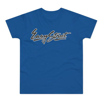 A blue short-sleeve t-shirt with the text Easy Street printed in stylized white font across the chest.
