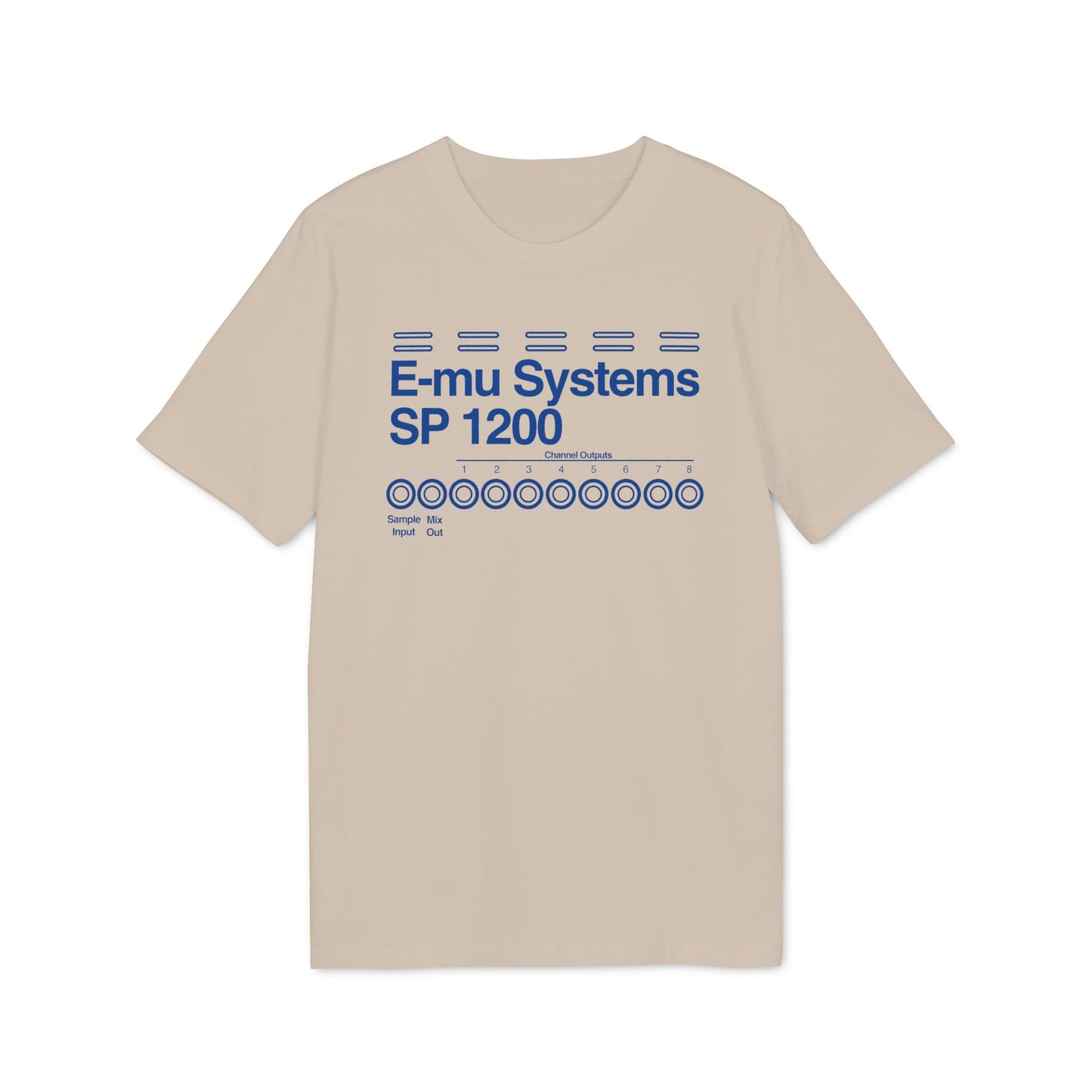 Tan t-shirt with blue "E-mu Systems SP 1200" text and circular channel outputs.