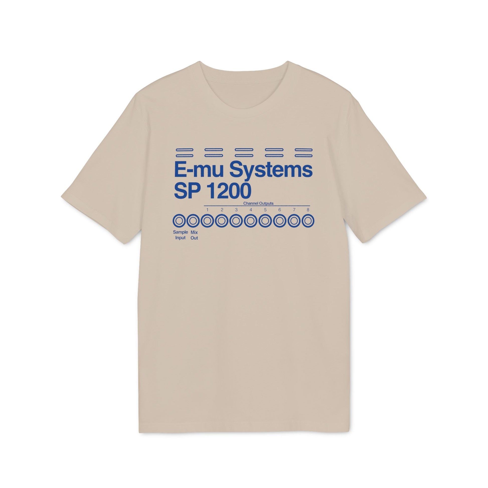 Tan t-shirt with blue "E-mu Systems SP 1200" text and circular channel outputs.