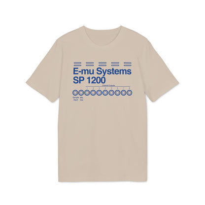 Tan t-shirt with blue "E-mu Systems SP 1200" text and circular channel outputs.
