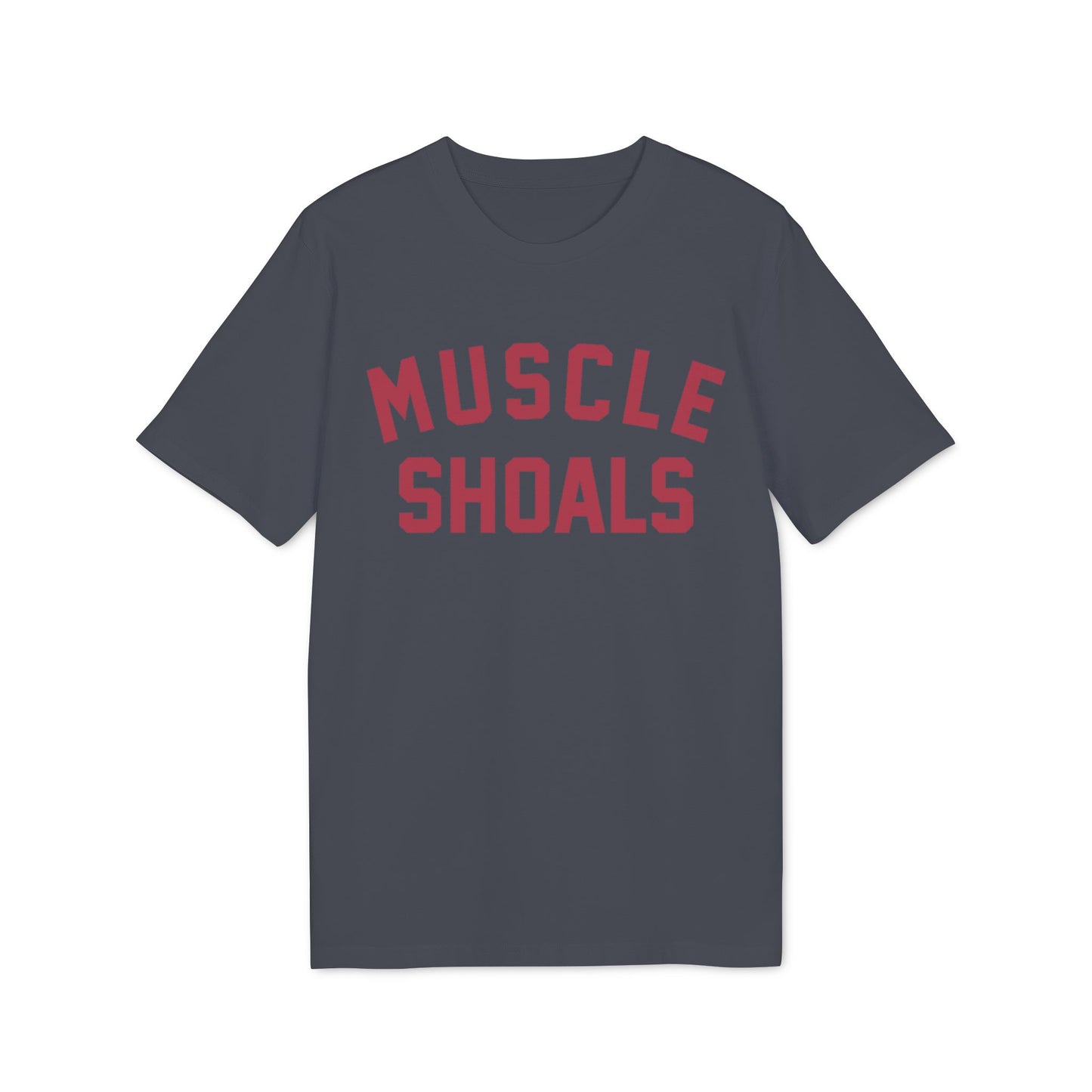 Dark grey t-shirt with red text that reads "MUSCLE SHOALS".