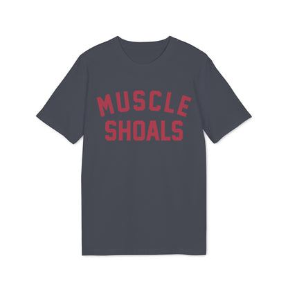 Dark grey t-shirt with red text that reads "MUSCLE SHOALS".