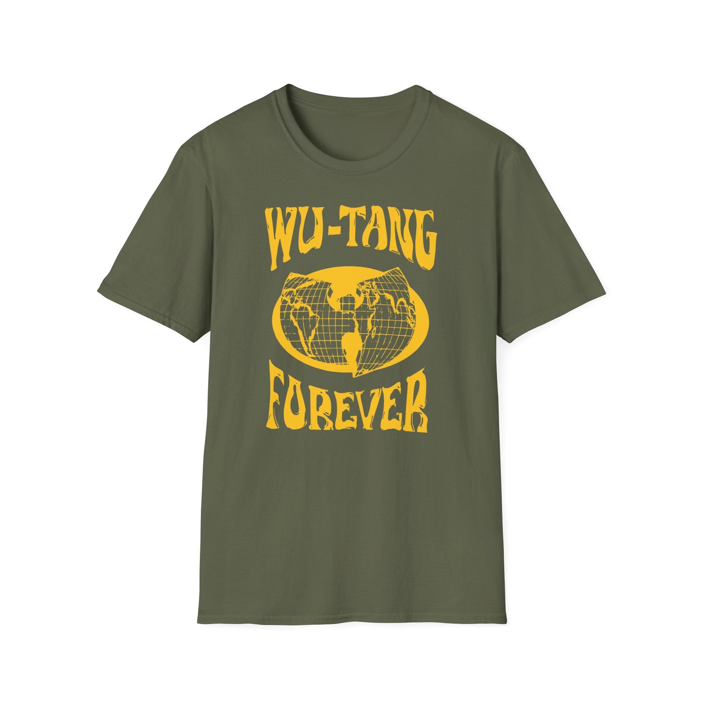 Olive green t-shirt with yellow Wu-Tang Forever logo and globe graphic.
