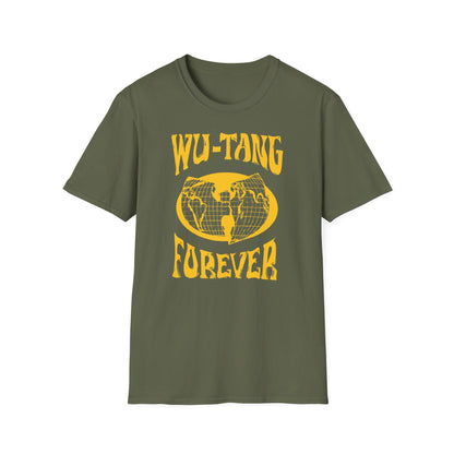 Olive green t-shirt with yellow Wu-Tang Forever logo and globe graphic.