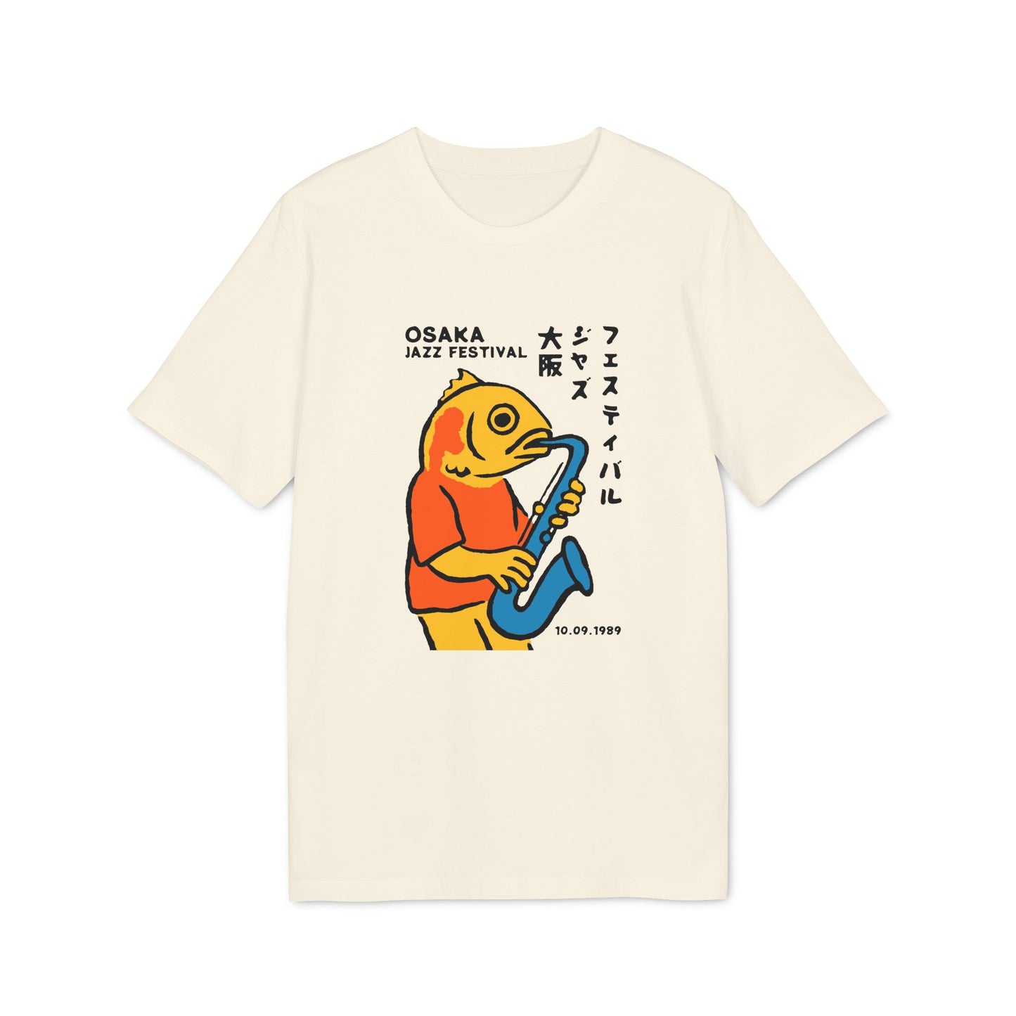 Cream t-shirt with a cartoon fish playing a saxophone, "Osaka Jazz Festival 10.09.1989" text.