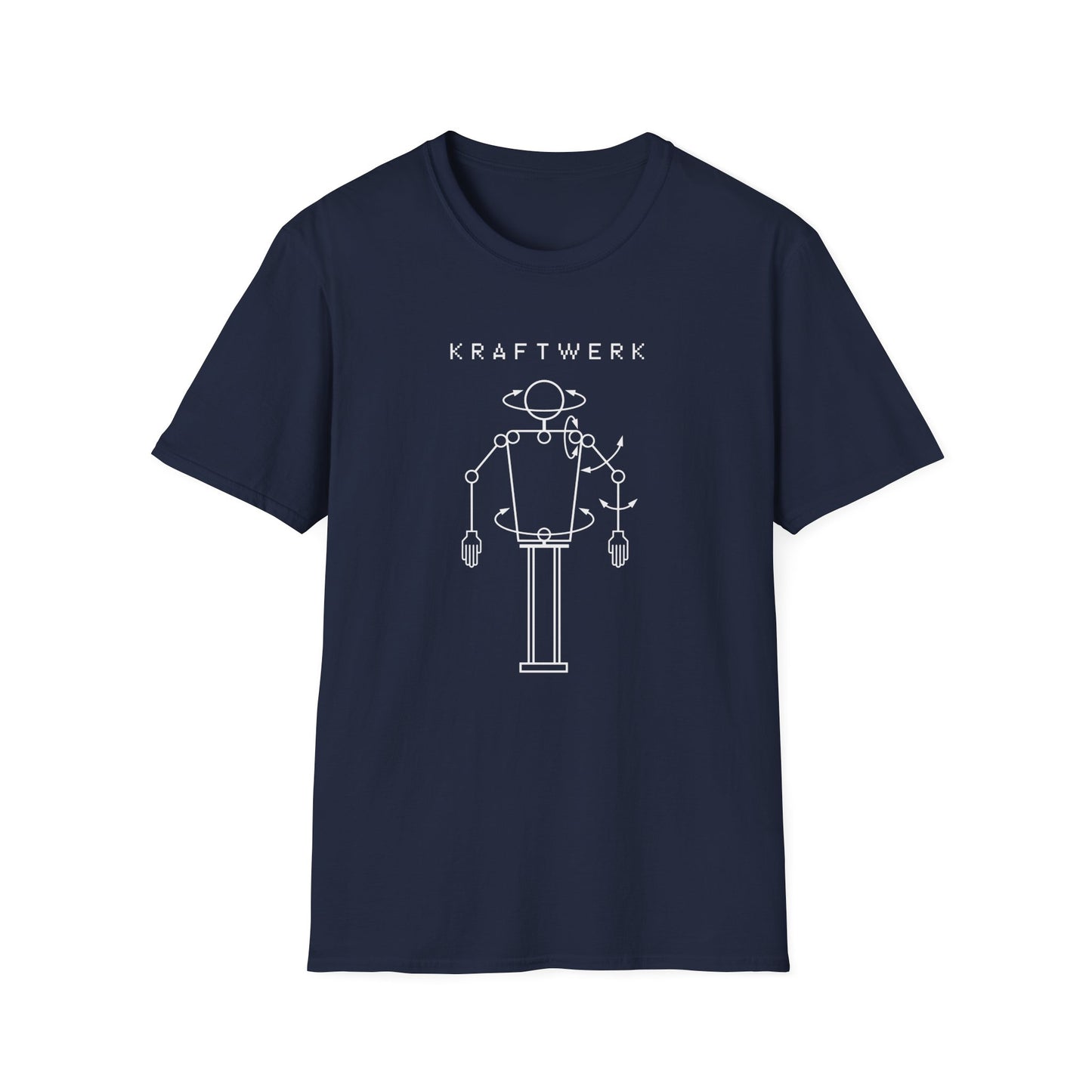 Navy t-shirt with text and white robotic diagram.