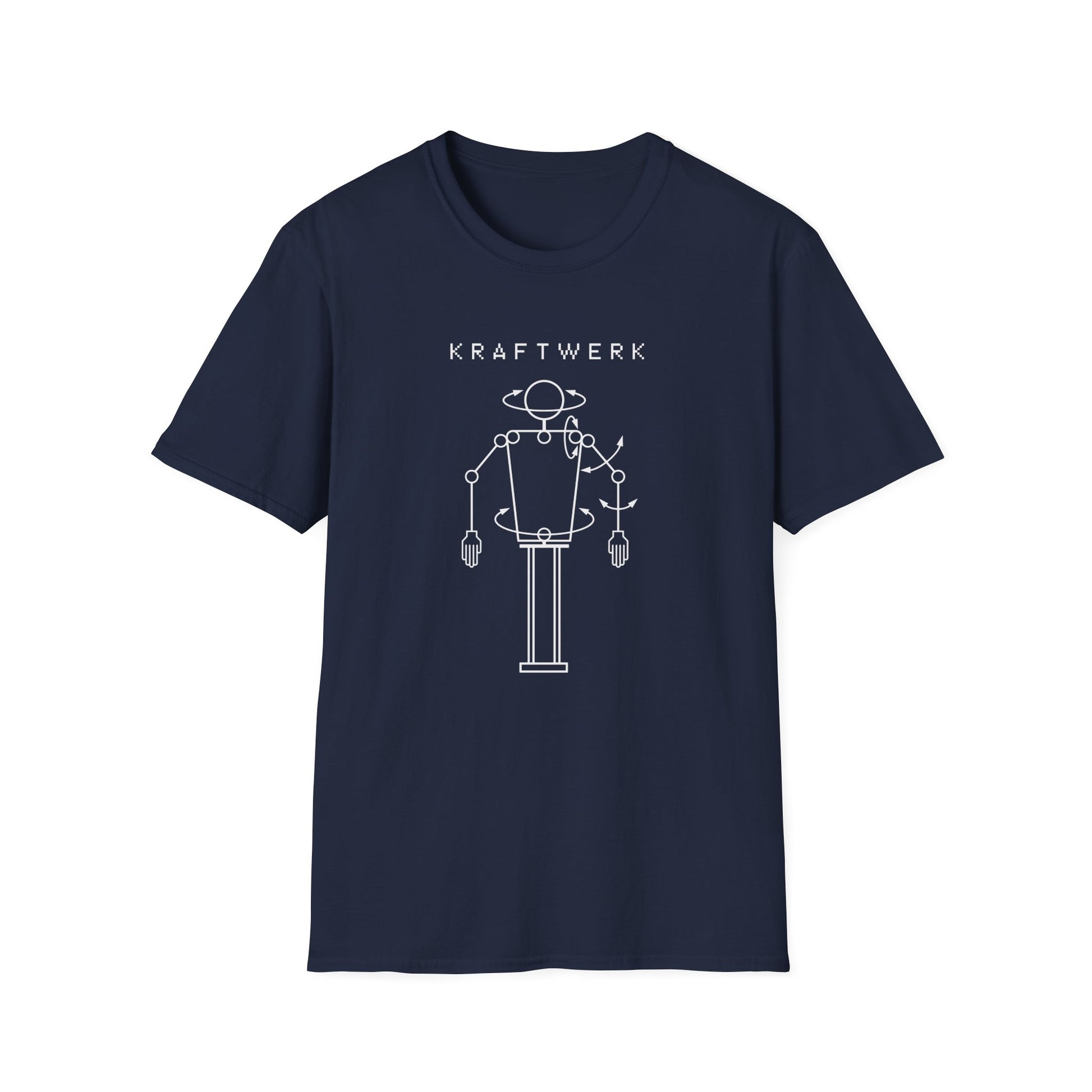 Navy t-shirt with text and white robotic diagram.