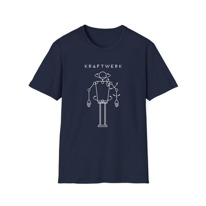 Navy t-shirt with text and white robotic diagram.