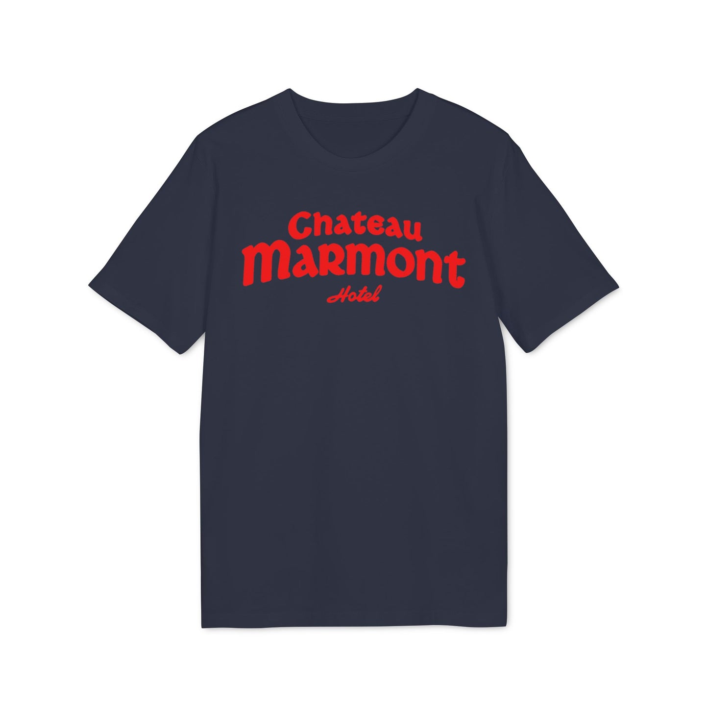 Dark t-shirt with red "Chateau Marmont Hotel" text.