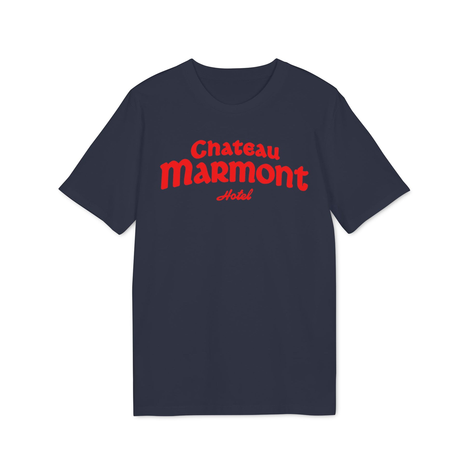 Dark t-shirt with red "Chateau Marmont Hotel" text.