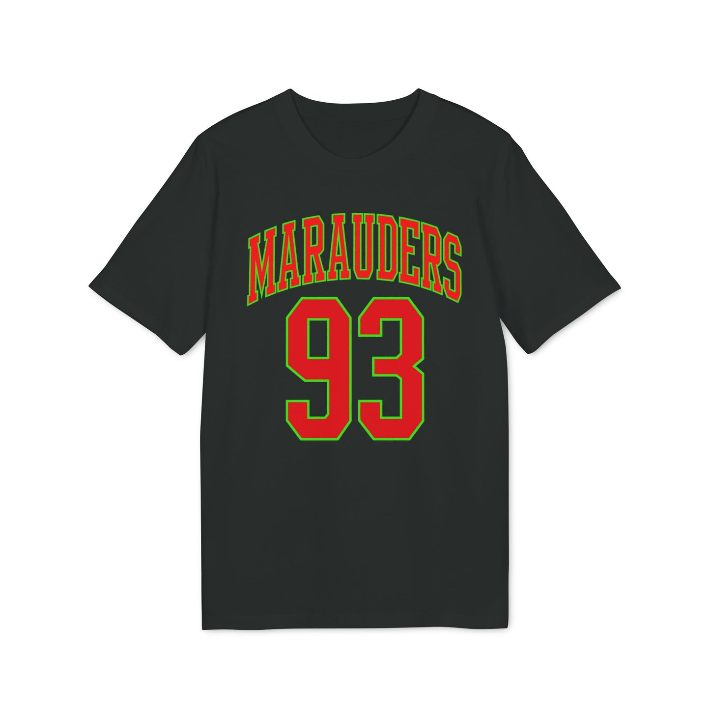 Black t-shirt with "Marauders 93" in red and green lettering.