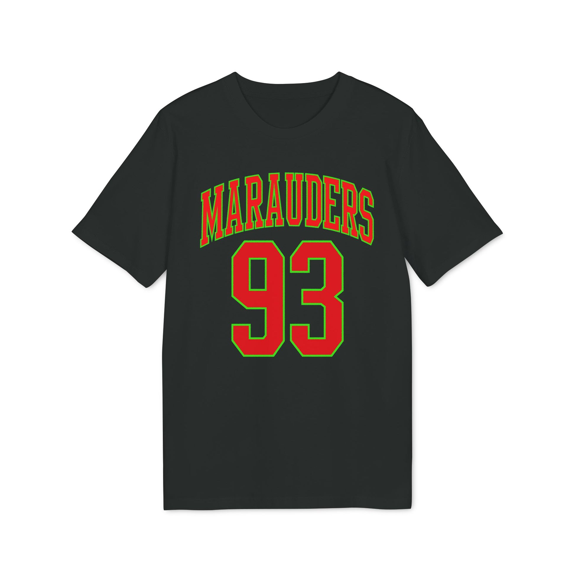 Black t-shirt with "Marauders 93" in red and green lettering.