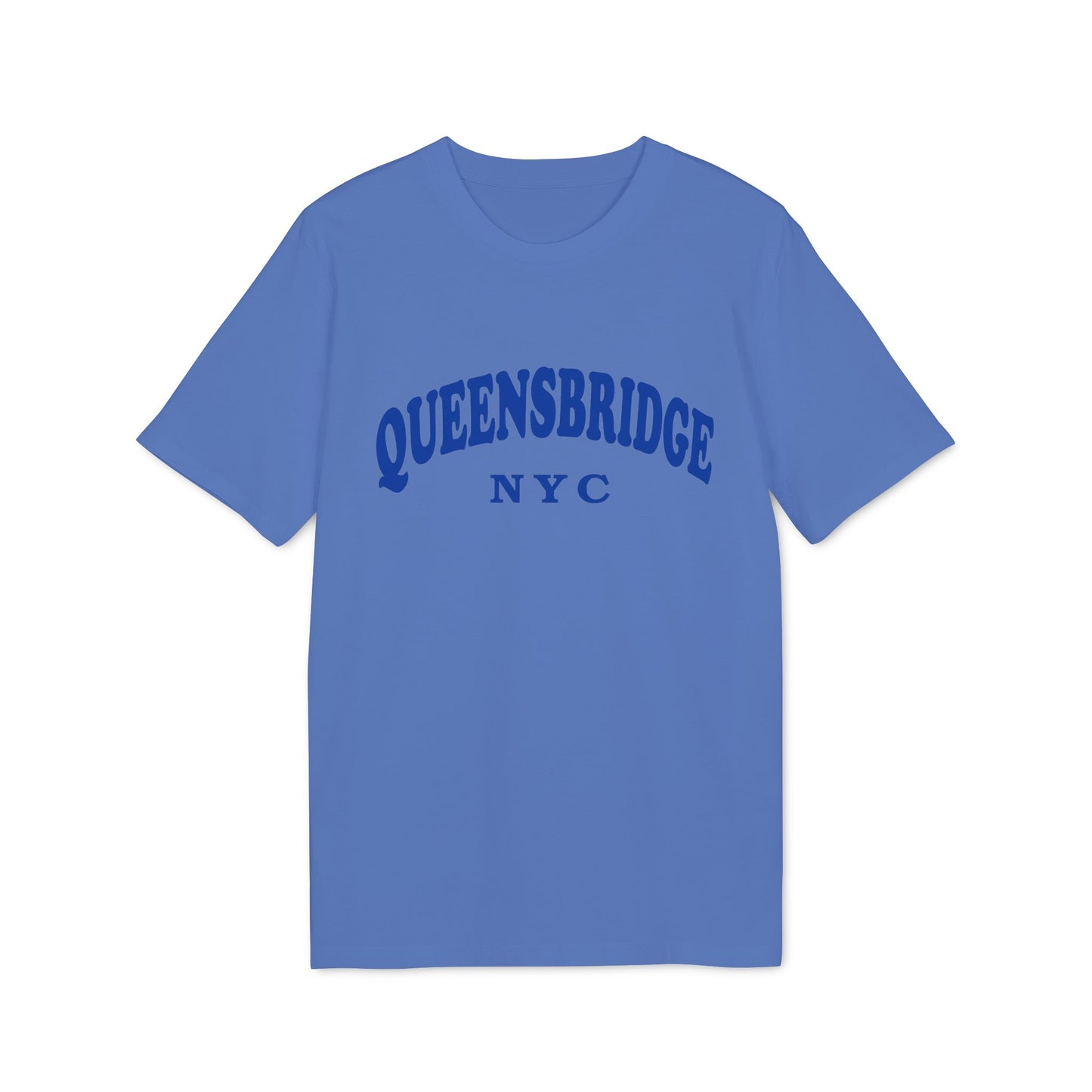 Blue t-shirt with arched "QUEENSBRIDGE NYC" text in darker blue.