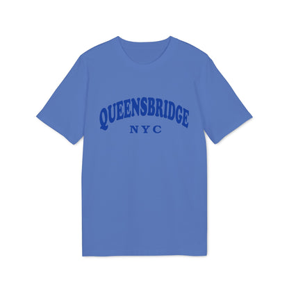 Blue t-shirt with arched "QUEENSBRIDGE NYC" text in darker blue.