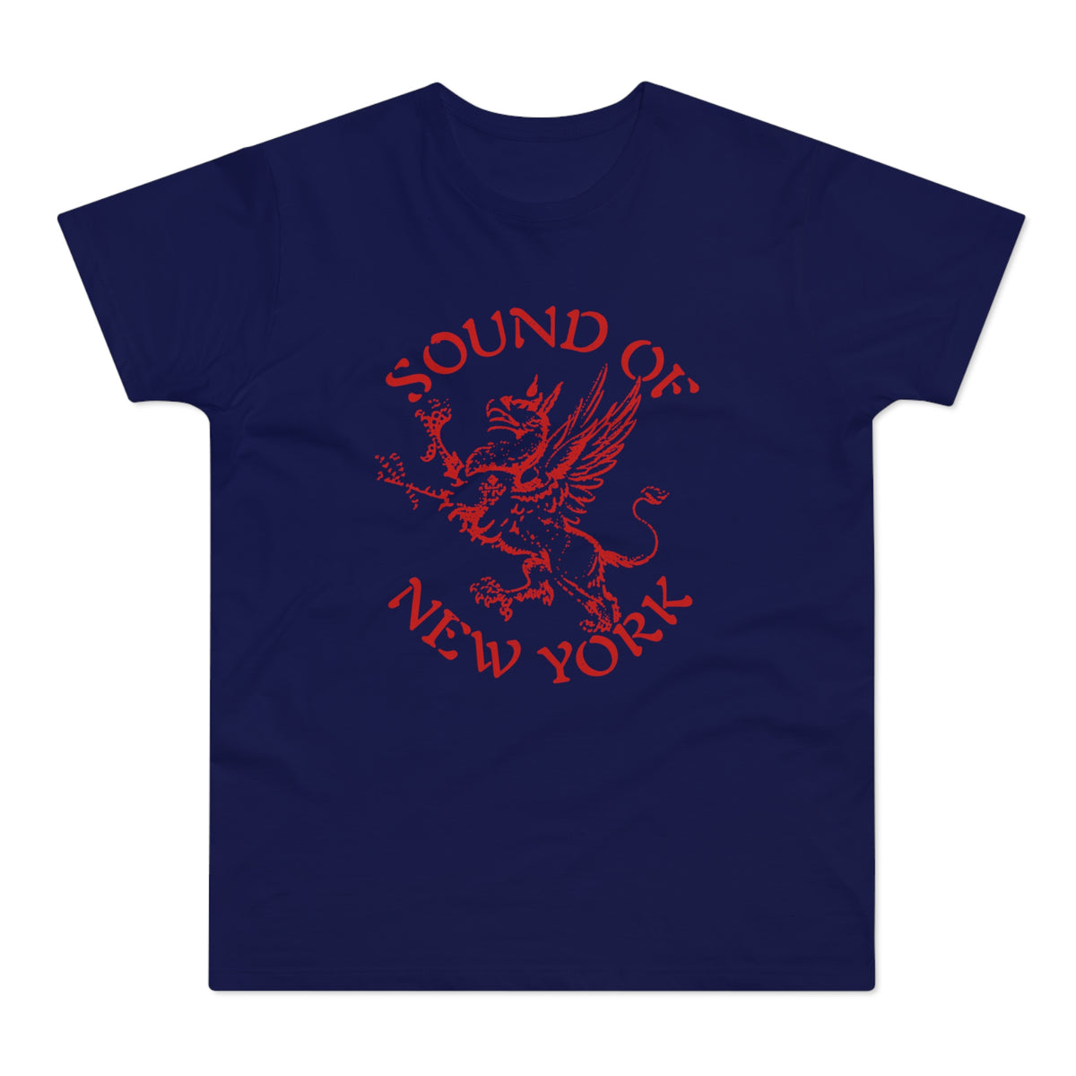 A navy blue t-shirt featuring a red graphic of a griffin and the text Sound of New York.